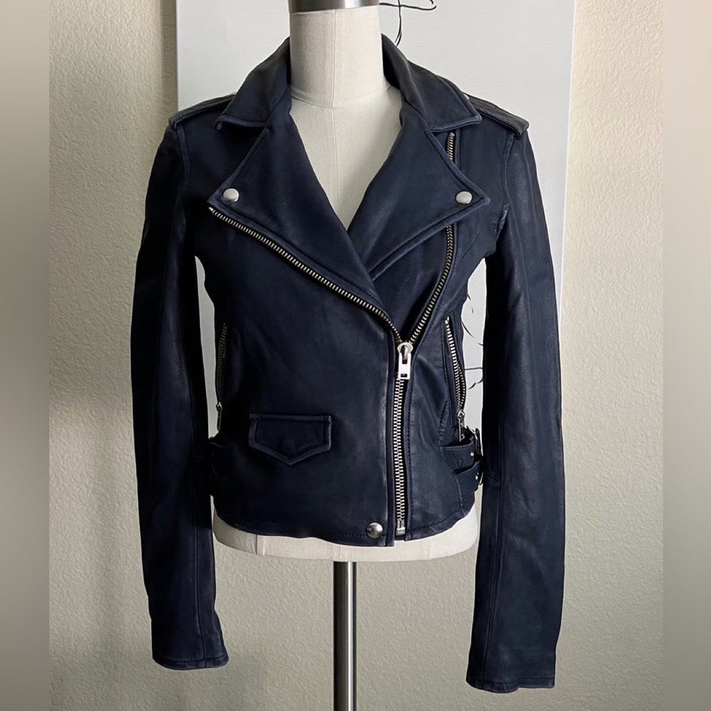IRO Navy Leather Asymmetrical Moto Jacket